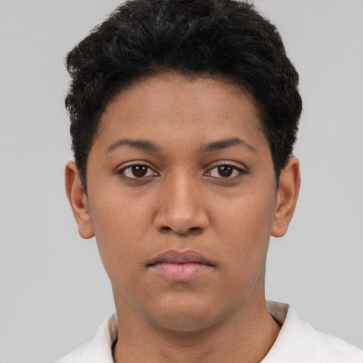 Neutral latino young-adult female with short  black hair and brown eyes