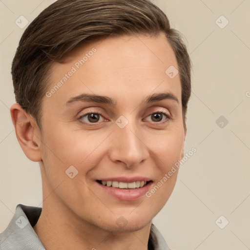 Joyful white young-adult female with short  brown hair and brown eyes