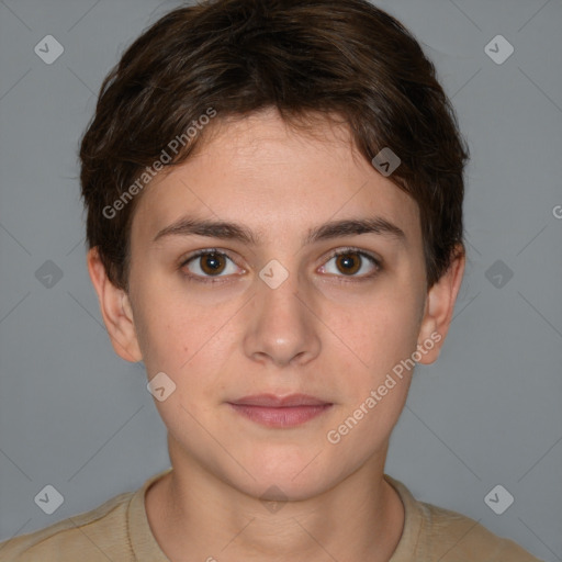 Neutral white young-adult female with short  brown hair and brown eyes