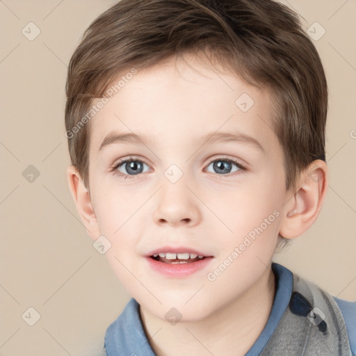 Joyful white child male with short  brown hair and brown eyes