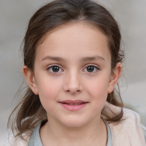 Joyful white child female with medium  brown hair and brown eyes