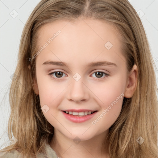 Joyful white child female with long  brown hair and brown eyes