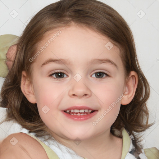 Joyful white child female with medium  brown hair and brown eyes