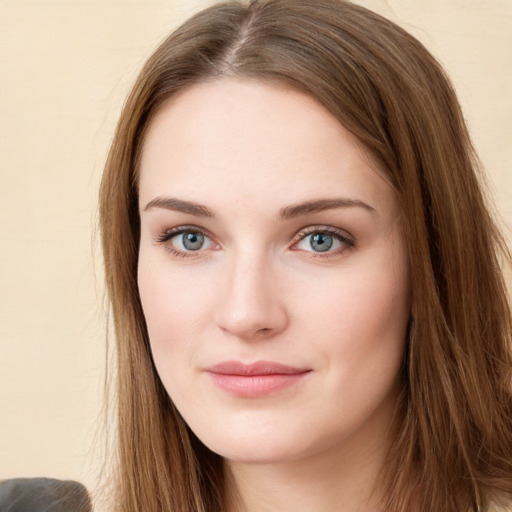 Neutral white young-adult female with long  brown hair and grey eyes