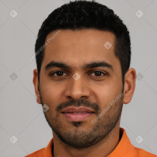 Neutral latino young-adult male with short  black hair and brown eyes
