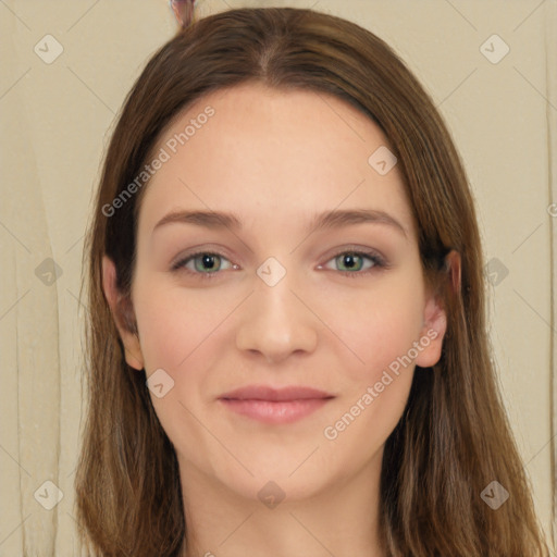 Joyful white young-adult female with long  brown hair and green eyes