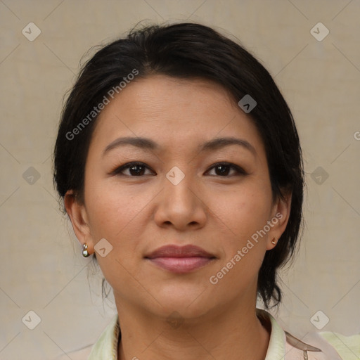 Joyful asian young-adult female with medium  brown hair and brown eyes