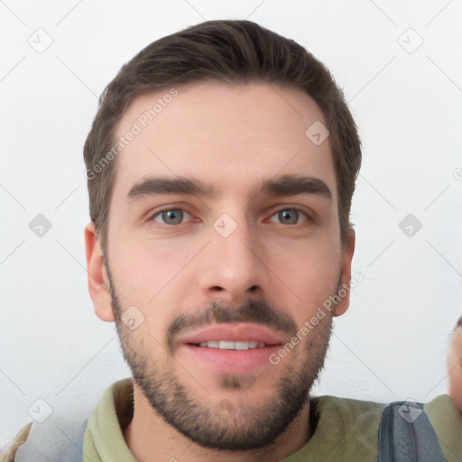 Neutral white young-adult male with short  brown hair and brown eyes