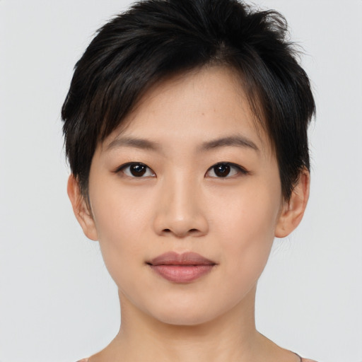 Neutral asian young-adult female with short  brown hair and brown eyes