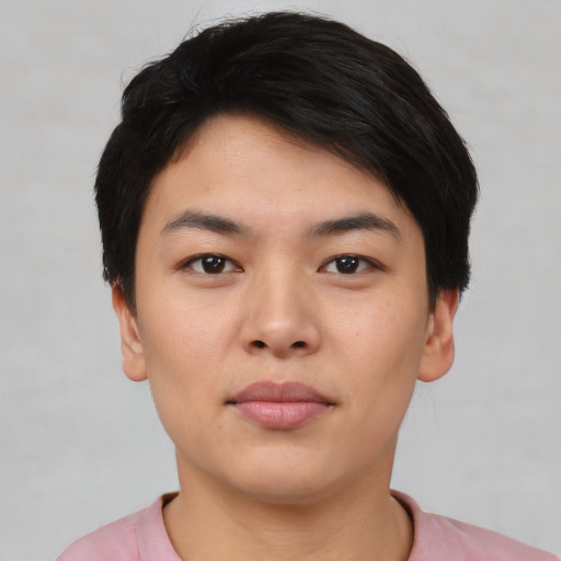 Neutral asian young-adult female with short  black hair and brown eyes