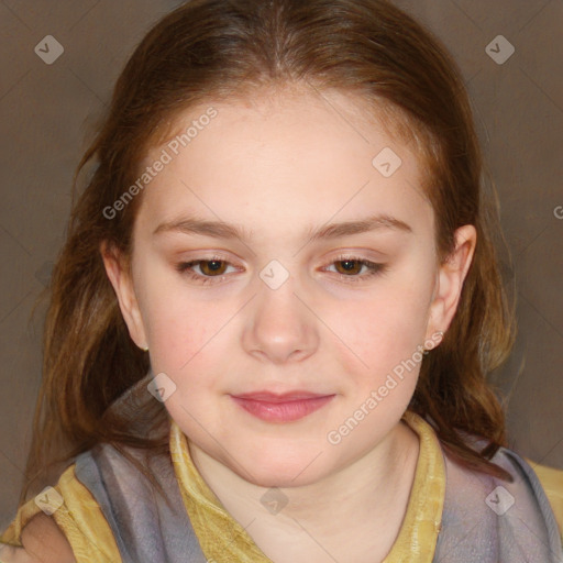 Joyful white child female with medium  brown hair and brown eyes