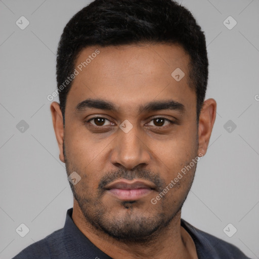 Neutral latino young-adult male with short  black hair and brown eyes