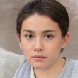 Neutral white young-adult female with short  brown hair and brown eyes