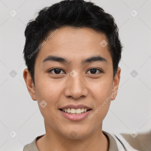 Joyful asian young-adult male with short  black hair and brown eyes