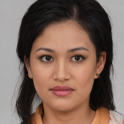 Neutral asian young-adult female with medium  brown hair and brown eyes