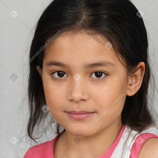 Joyful white child female with medium  brown hair and brown eyes