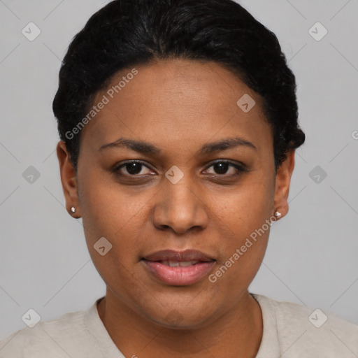 Joyful latino young-adult female with short  black hair and brown eyes