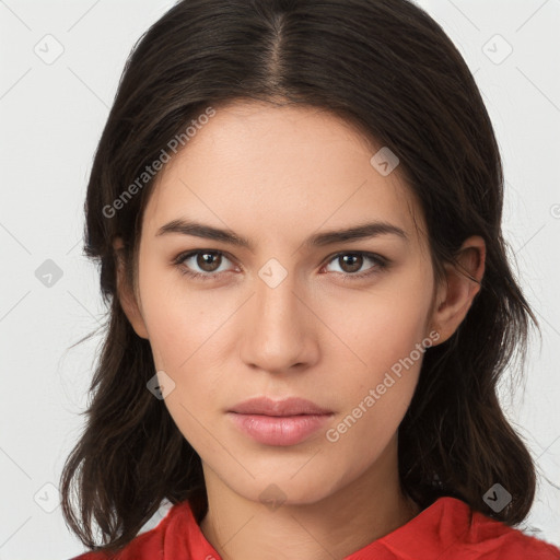 Neutral white young-adult female with medium  brown hair and brown eyes