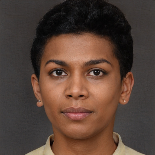 Neutral latino young-adult female with short  black hair and brown eyes