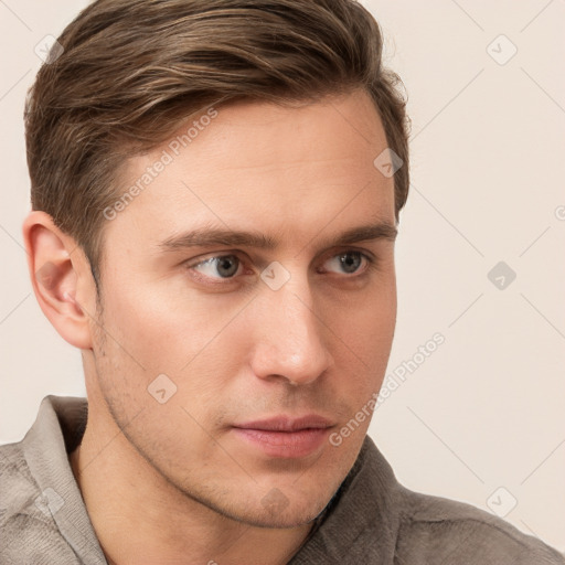 Neutral white young-adult male with short  brown hair and grey eyes