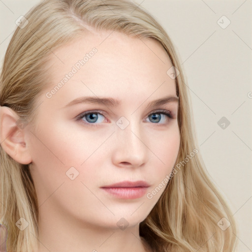 Neutral white young-adult female with long  brown hair and blue eyes