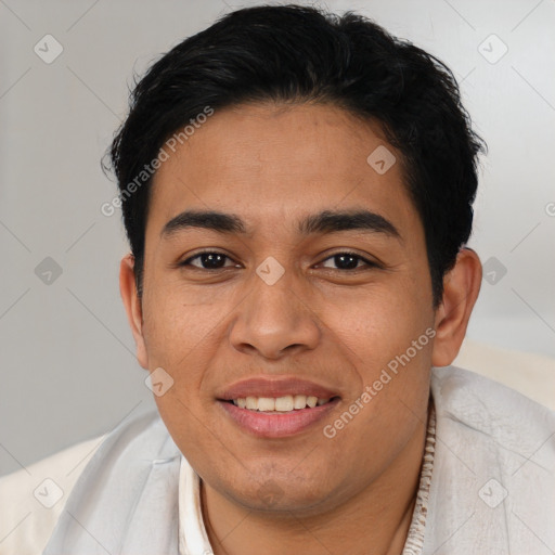 Joyful asian young-adult male with short  black hair and brown eyes