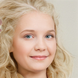 Joyful white young-adult female with long  blond hair and blue eyes