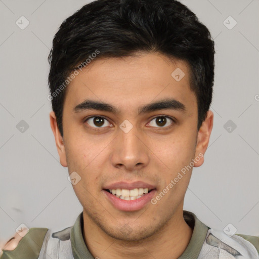 Joyful latino young-adult male with short  brown hair and brown eyes