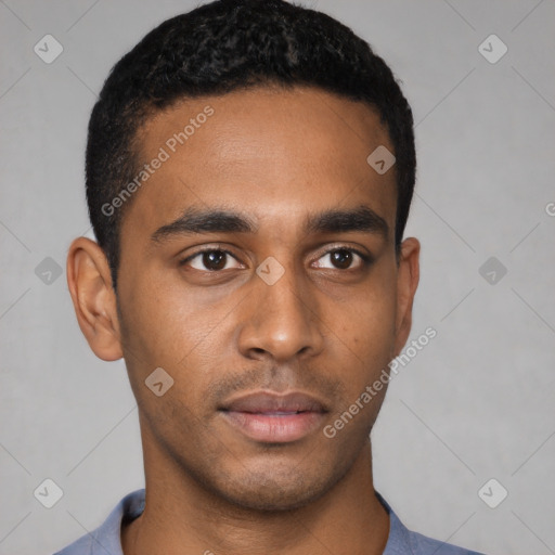 Neutral latino young-adult male with short  black hair and brown eyes