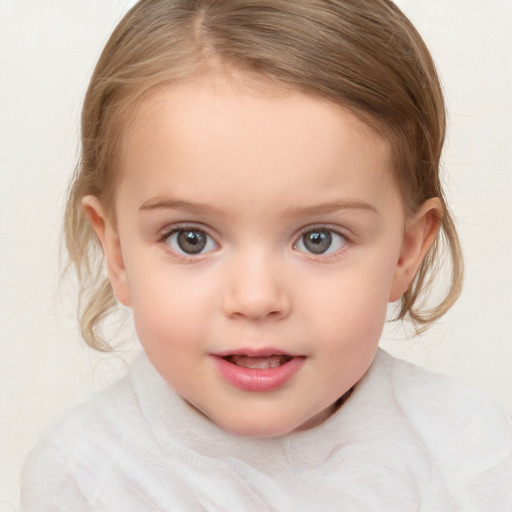 Joyful white child female with medium  brown hair and blue eyes