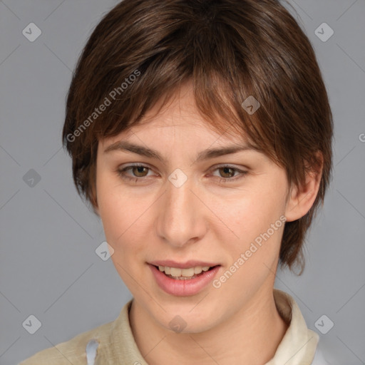 Joyful white young-adult female with medium  brown hair and brown eyes