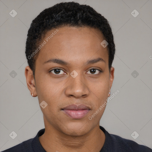 Joyful black young-adult female with short  brown hair and brown eyes