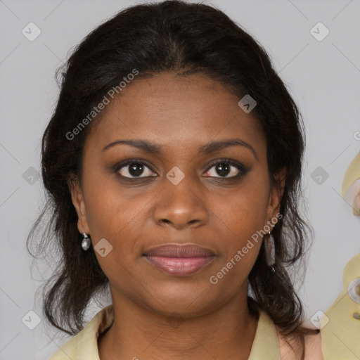 Joyful black young-adult female with medium  brown hair and brown eyes
