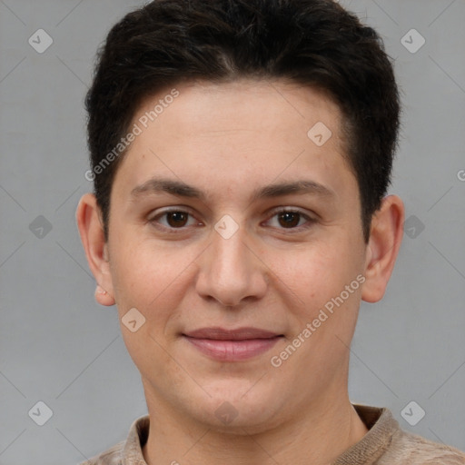 Joyful white young-adult female with short  brown hair and brown eyes