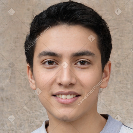 Joyful white young-adult male with short  black hair and brown eyes