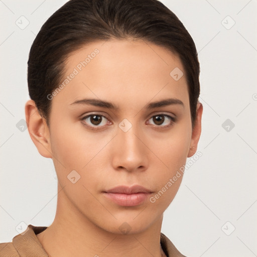 Neutral white young-adult female with short  brown hair and brown eyes