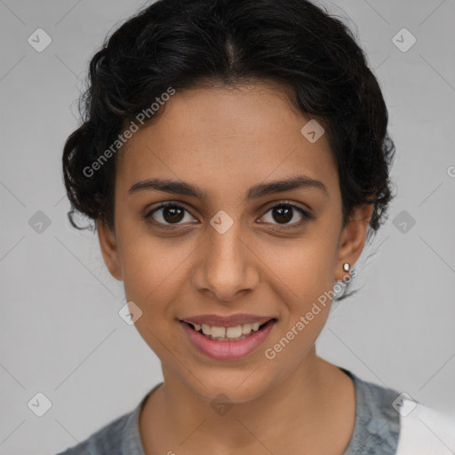 Joyful latino young-adult female with short  brown hair and brown eyes