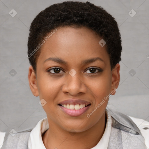 Joyful black young-adult female with short  brown hair and brown eyes