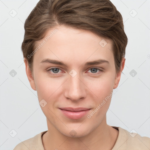 Joyful white young-adult female with short  brown hair and grey eyes