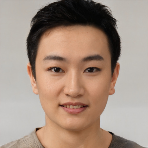 Joyful white young-adult male with short  black hair and brown eyes