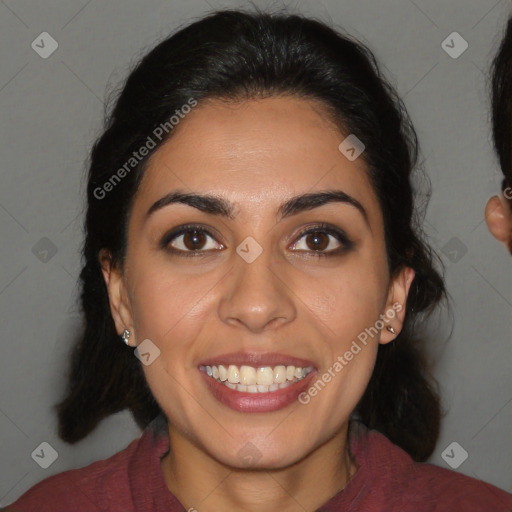 Joyful latino young-adult female with long  brown hair and brown eyes