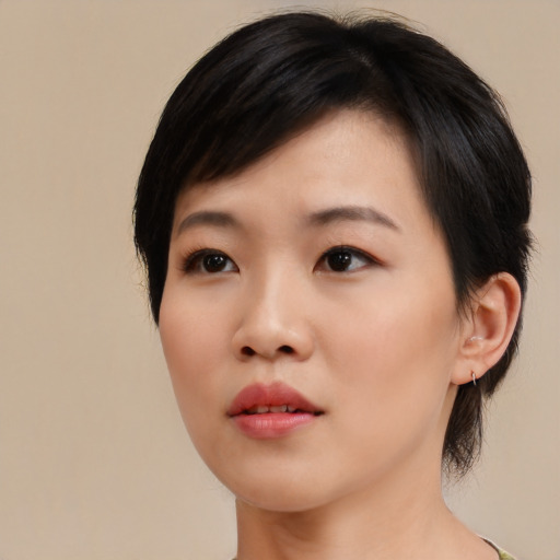 Neutral asian young-adult female with medium  brown hair and brown eyes