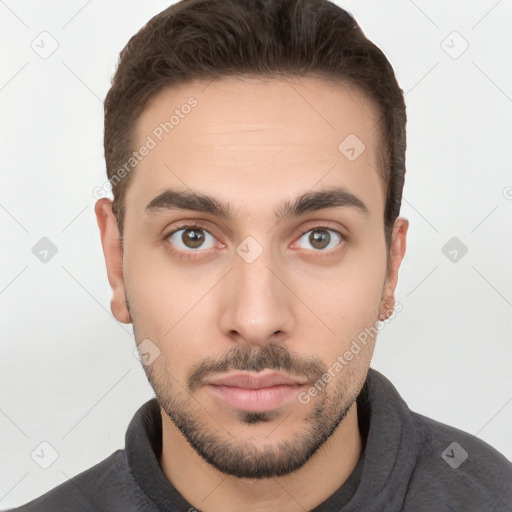 Neutral white young-adult male with short  brown hair and brown eyes