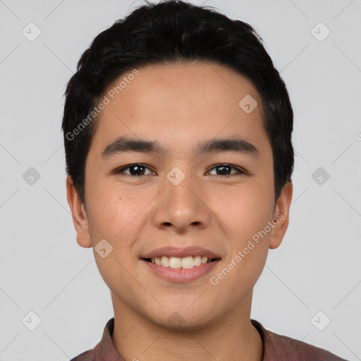 Joyful asian young-adult male with short  black hair and brown eyes