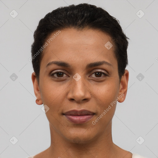 Joyful latino young-adult female with short  brown hair and brown eyes