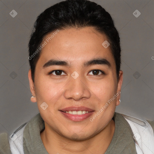 Joyful asian young-adult male with short  brown hair and brown eyes