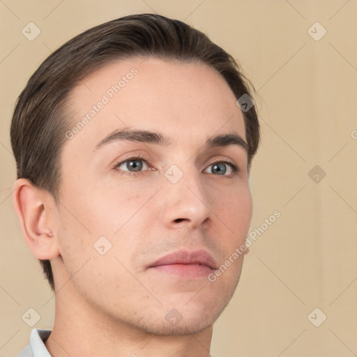 Neutral white young-adult male with short  brown hair and brown eyes