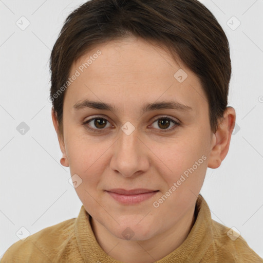 Joyful white young-adult female with short  brown hair and brown eyes