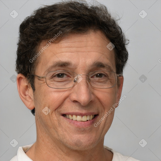 Joyful white middle-aged male with short  brown hair and brown eyes