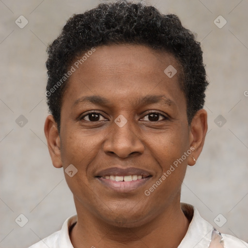 Joyful latino young-adult male with short  brown hair and brown eyes